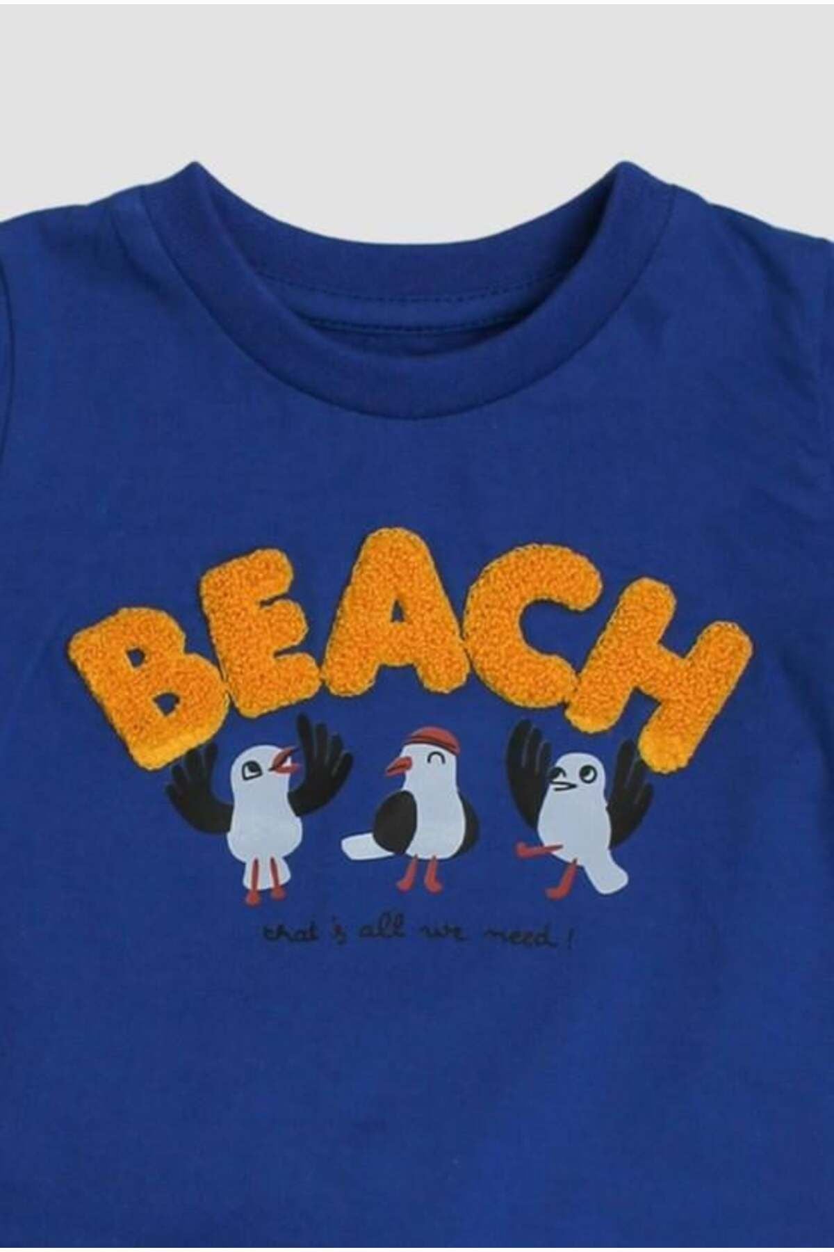 Erkek Bebek Beach Nakışlı Kuş Baskı Desenli 2'li Alt Üst Takım